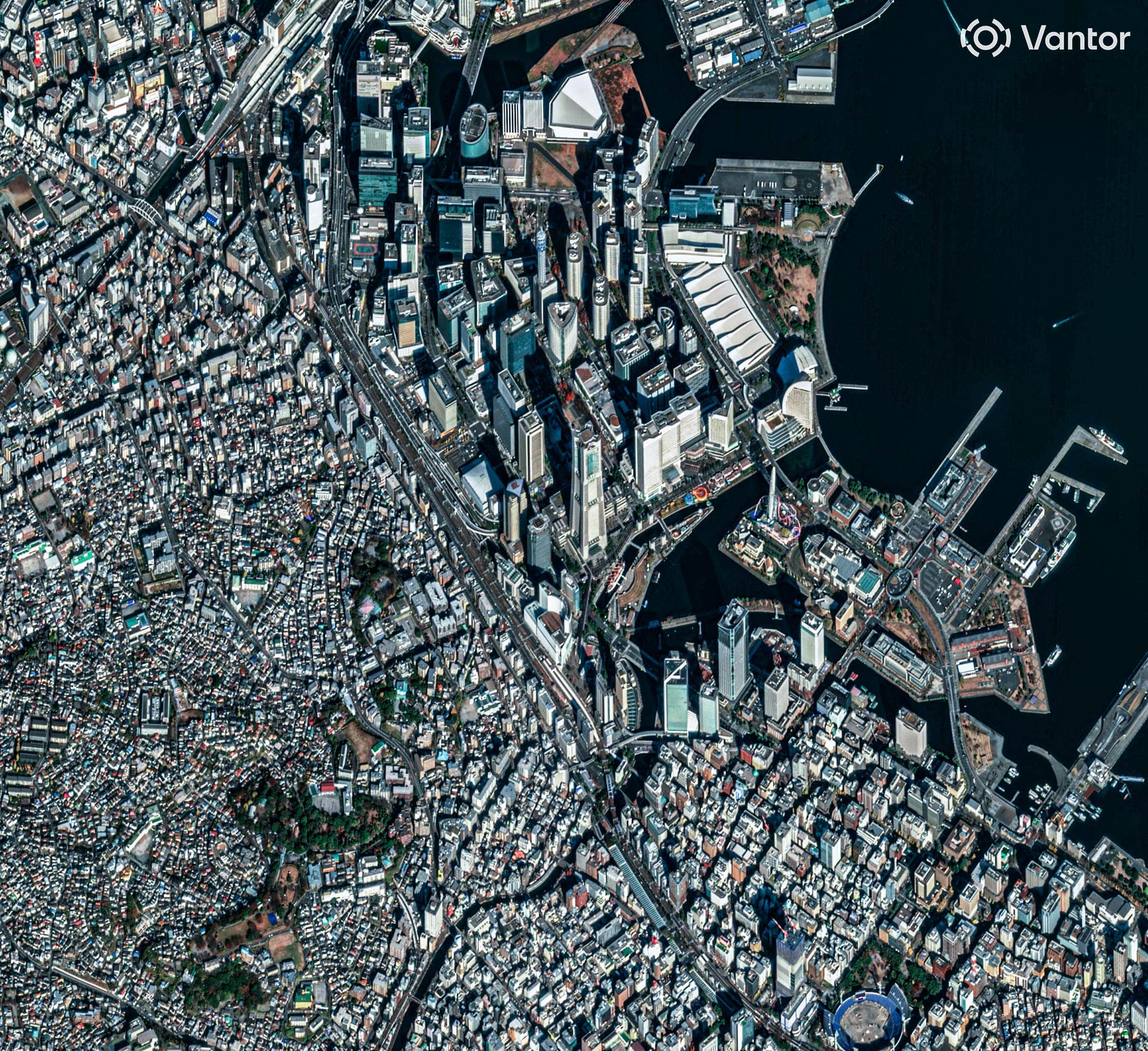 Dense urban shoreline of Yokohama, Japan seen via WorldView Legion.