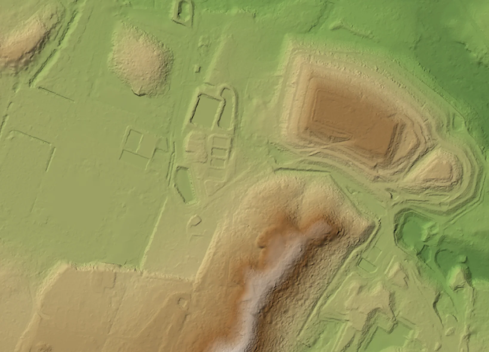 Colour-shaded elevation model of landforms, a ridge and cleared pads