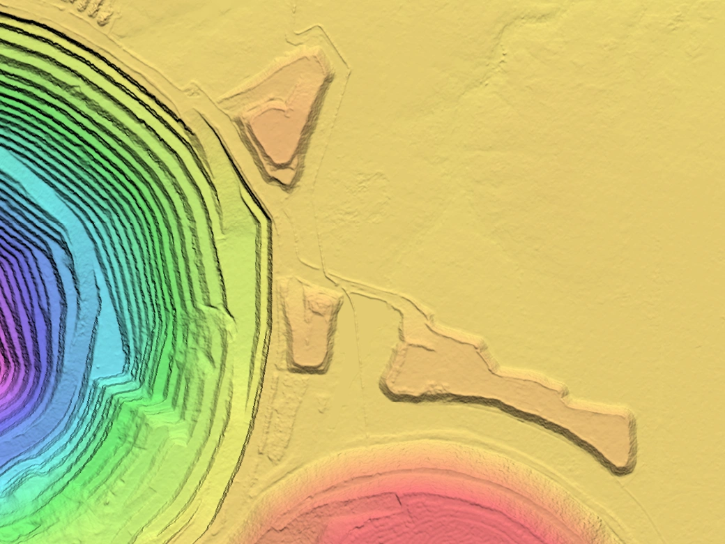 Colour-ramped terrain model of a pit and stockpiles derived from satellite stereo imagery, with contours following the pit benches