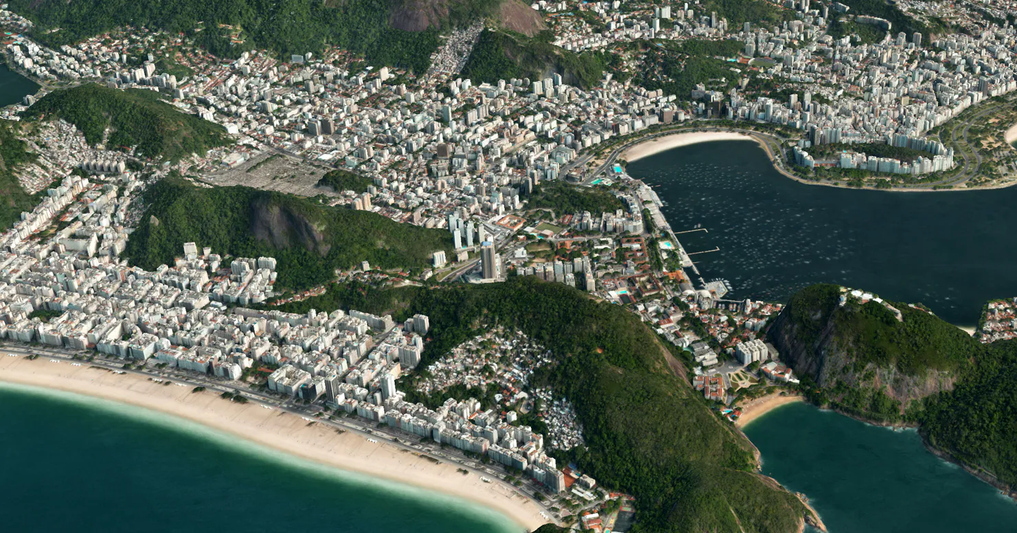 3D model of a coastal city with beaches, high-rise buildings and steep forested hills, generated from satellite imagery