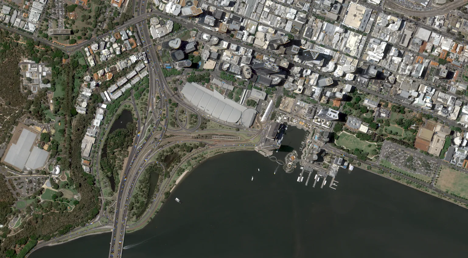 Satellite imagery of Perth CBD, freeway interchange and Elizabeth Quay