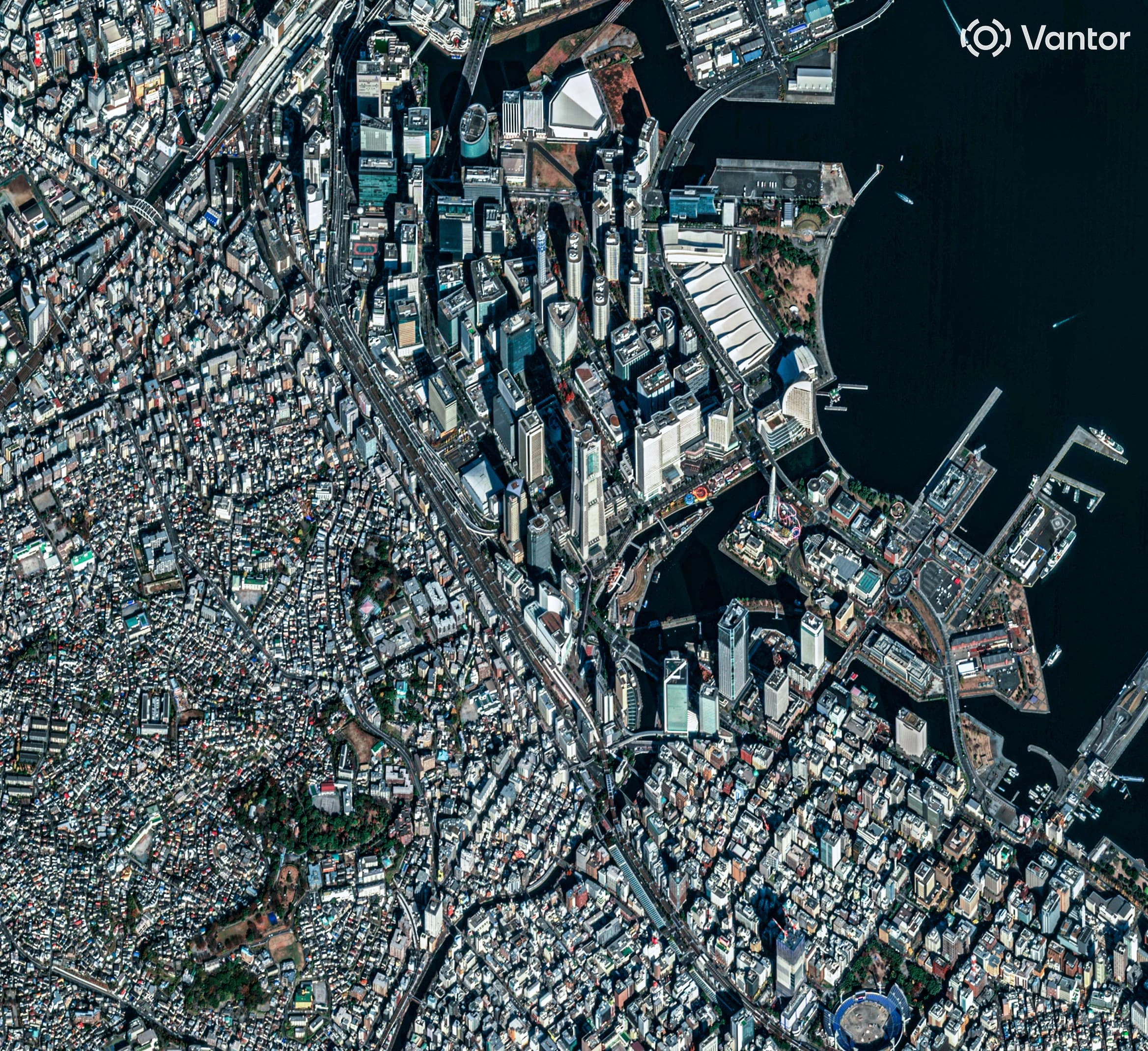 Dense urban shoreline of Yokohama, Japan seen via WorldView Legion.