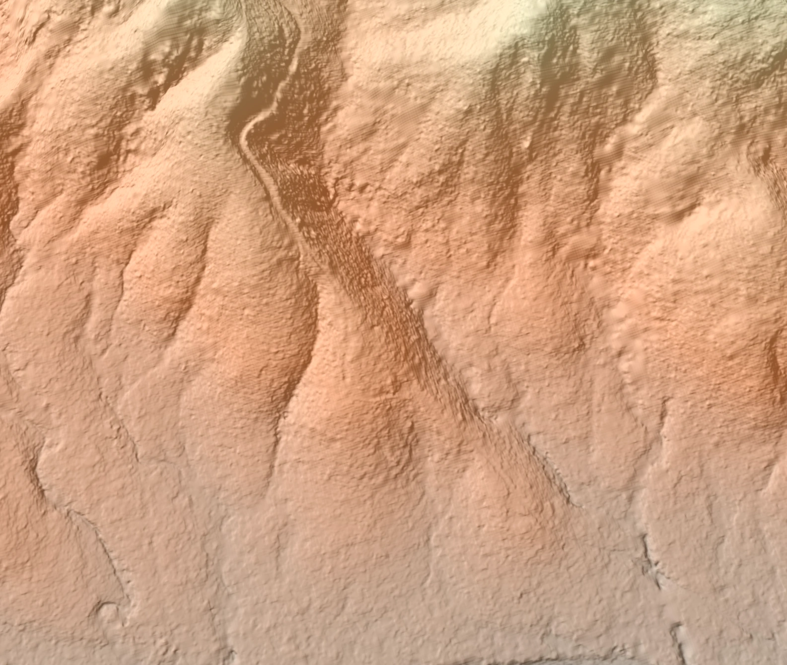 50cm satellite-derived terrain model of the same area, showing the track bench, gullies and ridgelines
