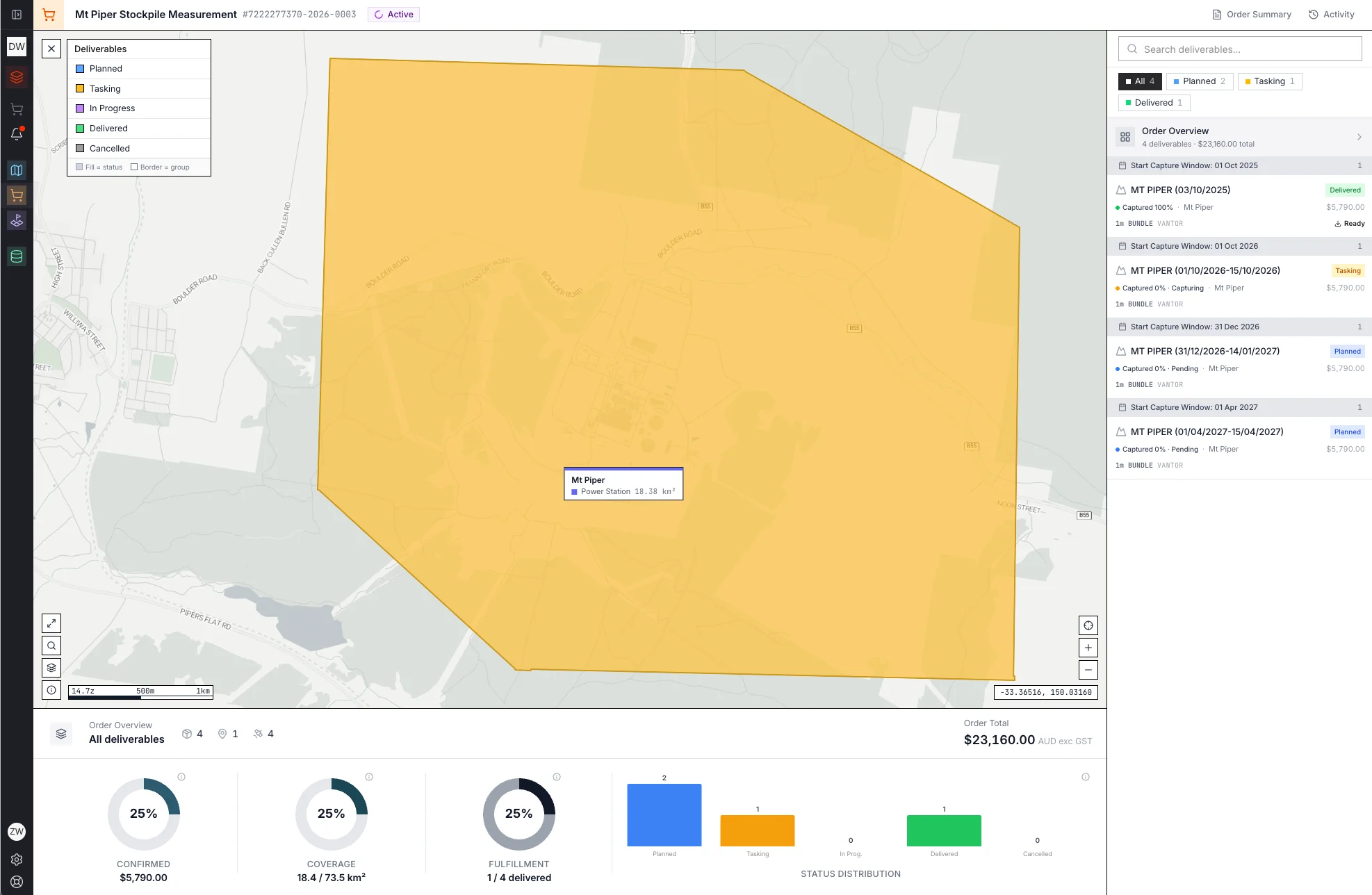 Albatross order view showing an area of interest on a map with capture windows, deliverable status and order progress