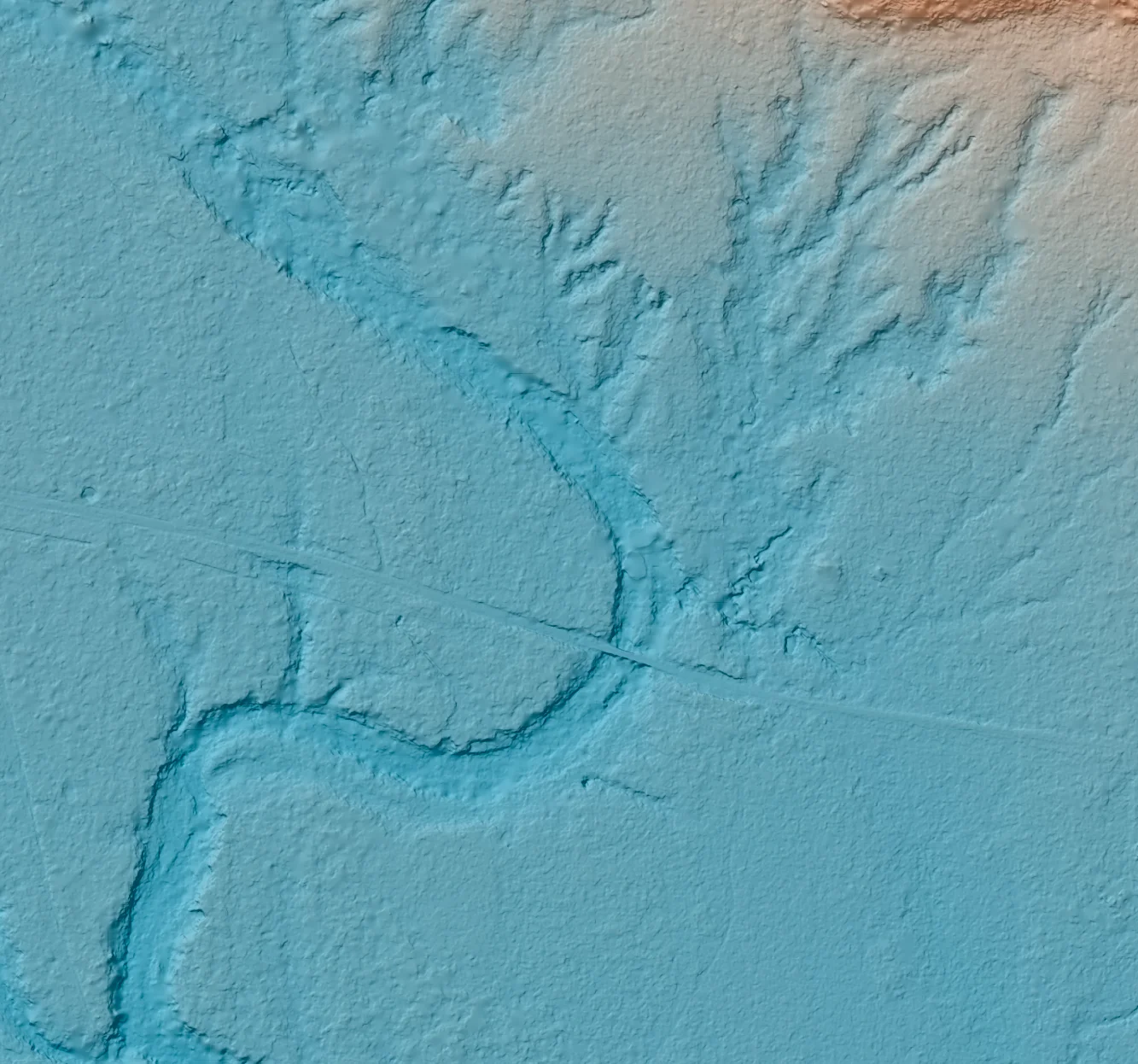 50cm satellite-derived terrain model of the same crossing, showing the creek channel, its banks, side gullies and the road formation