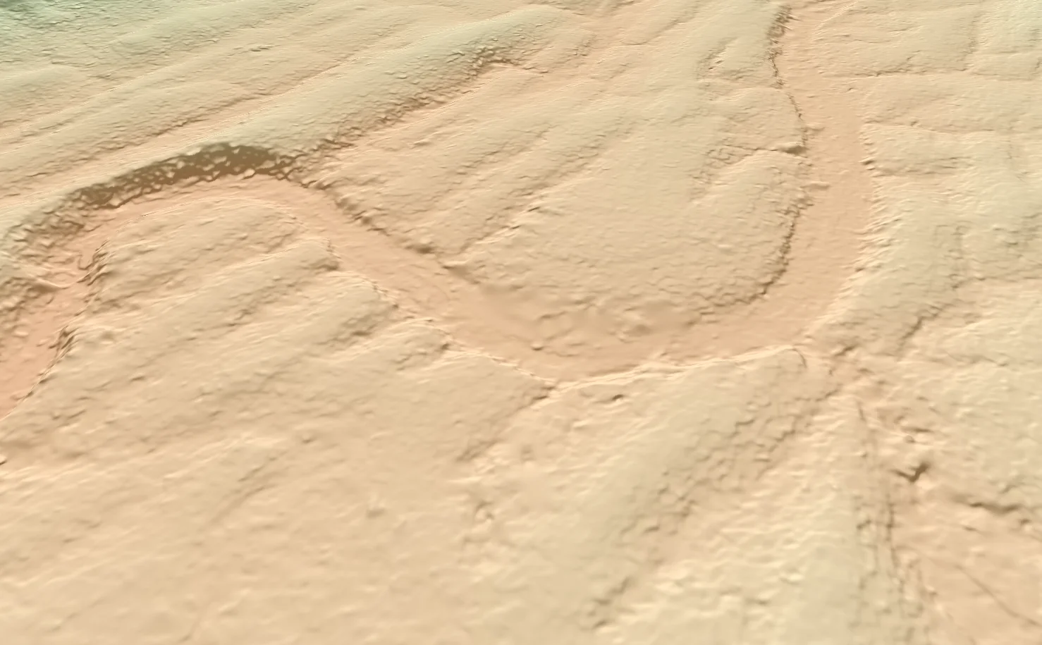 The same view of the 50cm terrain model, showing the creek channel, its banks and the track formation