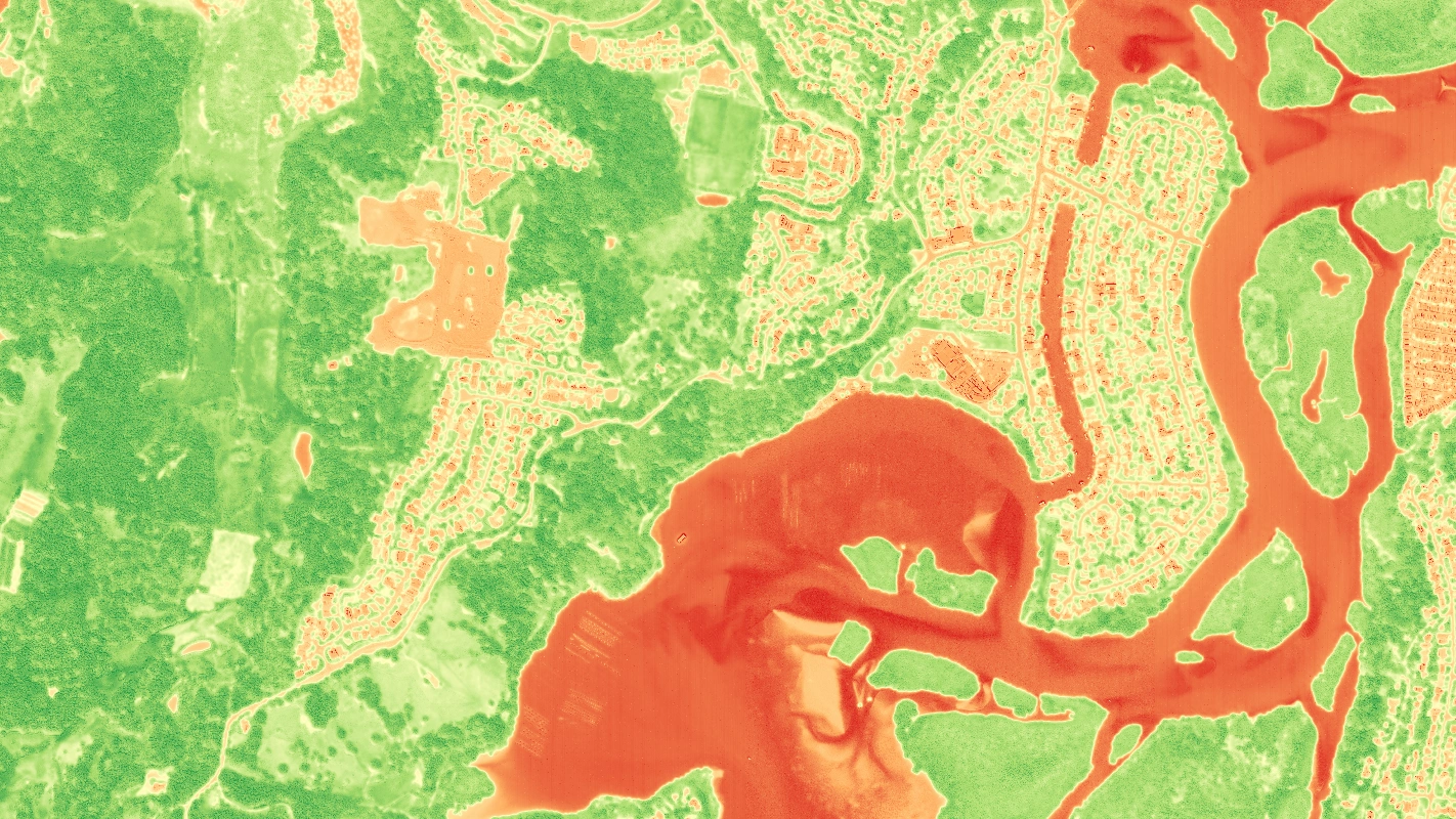 NDVI index over Tweed showing vegetation health gradient from bare earth to dense canopy
