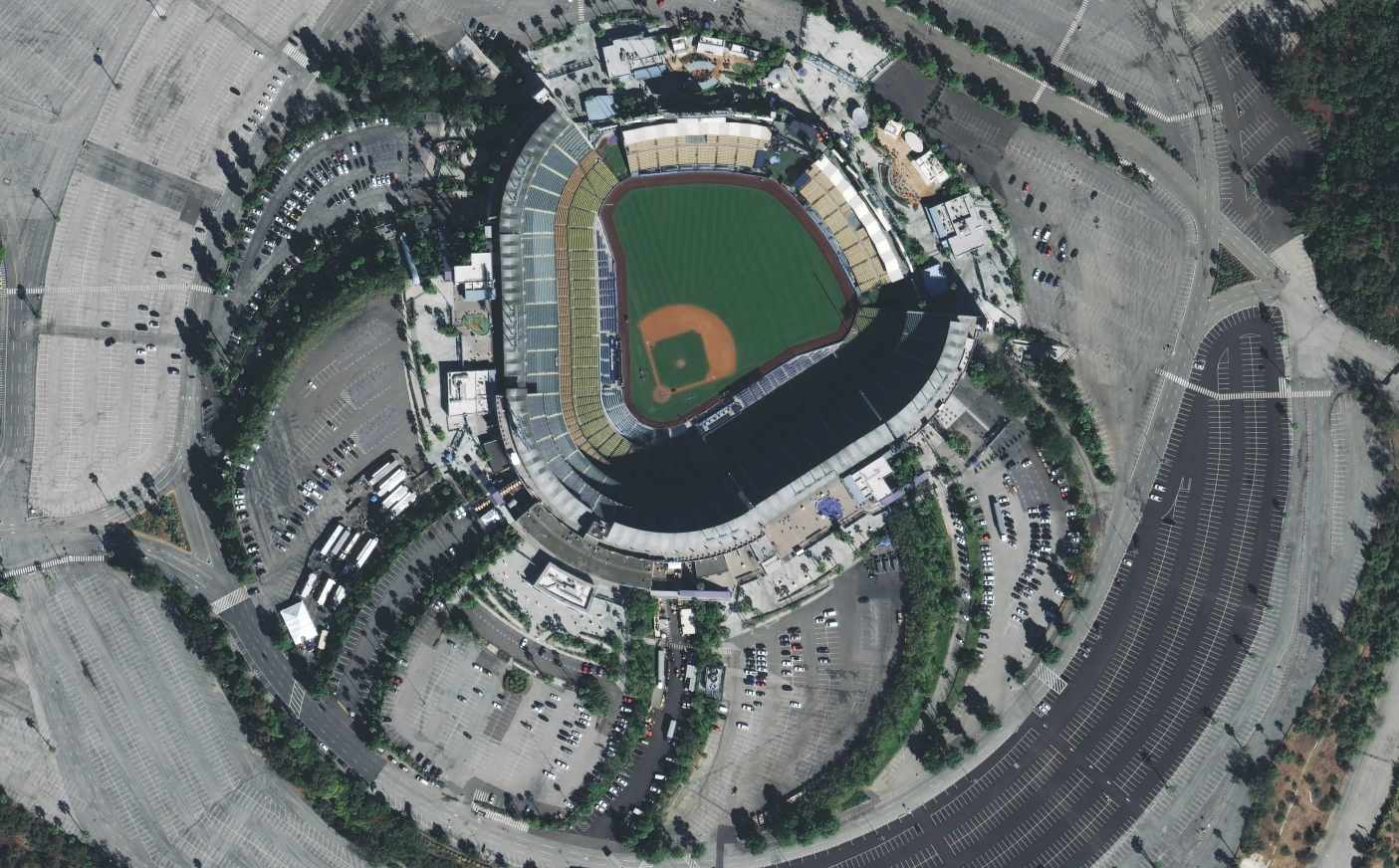 RGB satellite imagery of Dodger Stadium showing natural colour view.