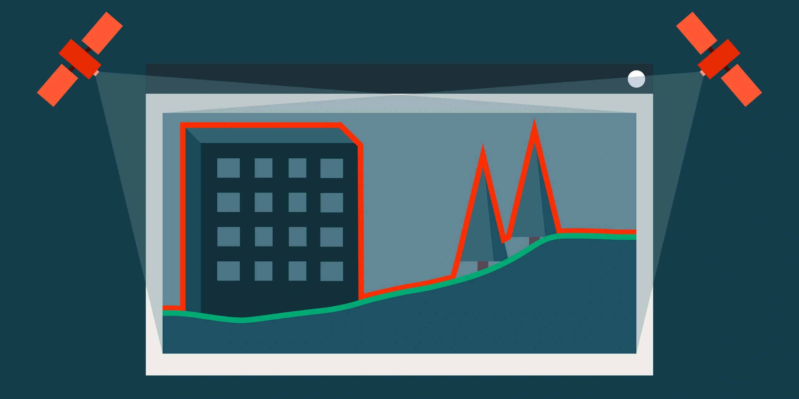 Diagram comparing a Digital Surface Model line over buildings and trees with a Digital Terrain Model line following bare ground