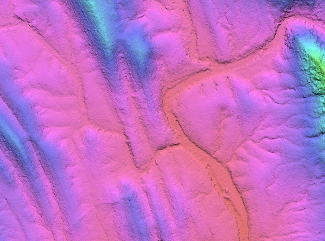 1m satellite-derived terrain model of the same ridge and creek system