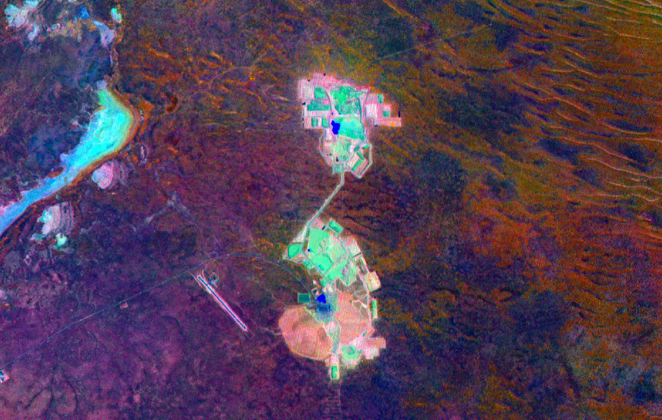 Wyvern red-edge decorrelation stretch of the mine site revealing mineral and vegetation differences.