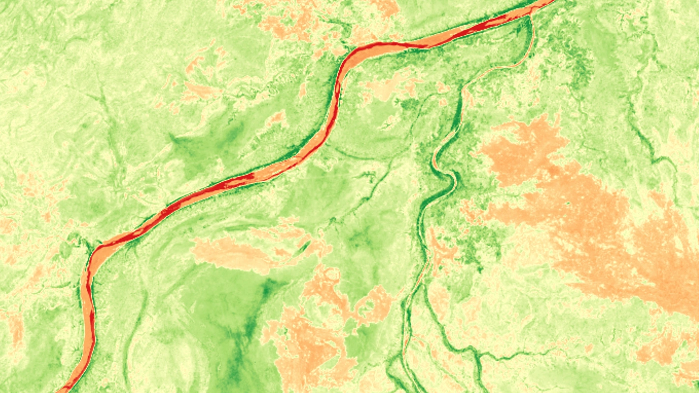 NDVI image of the same Mt Kinahan area, with creek lines in dark green, the river bed in red and dark patches in orange
