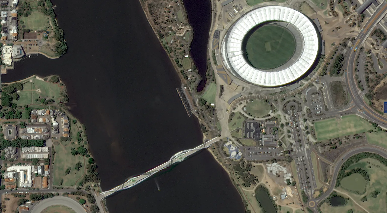 High-resolution optical capture over Optus Stadium Perth, Australia.