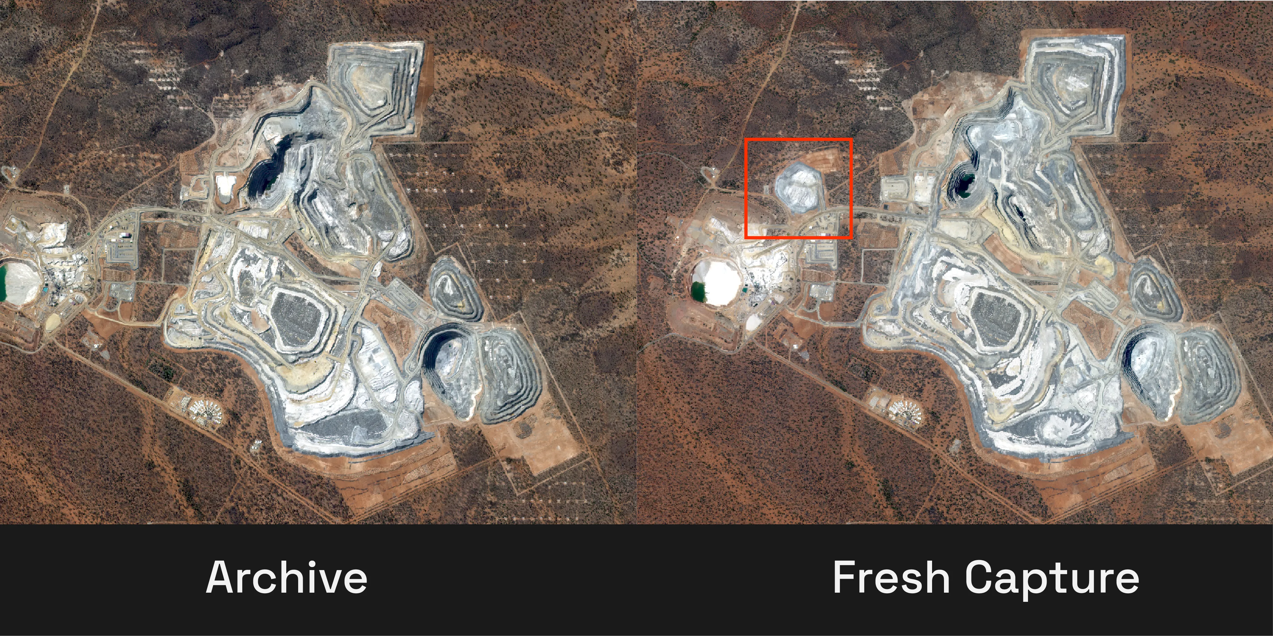 Archive versus fresh tasking illustration for change detection and project monitoring.