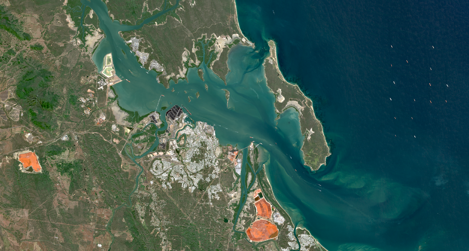Sentinel-2 mosaic over Gladstone, Queensland showing regional-scale context and land use patterns.